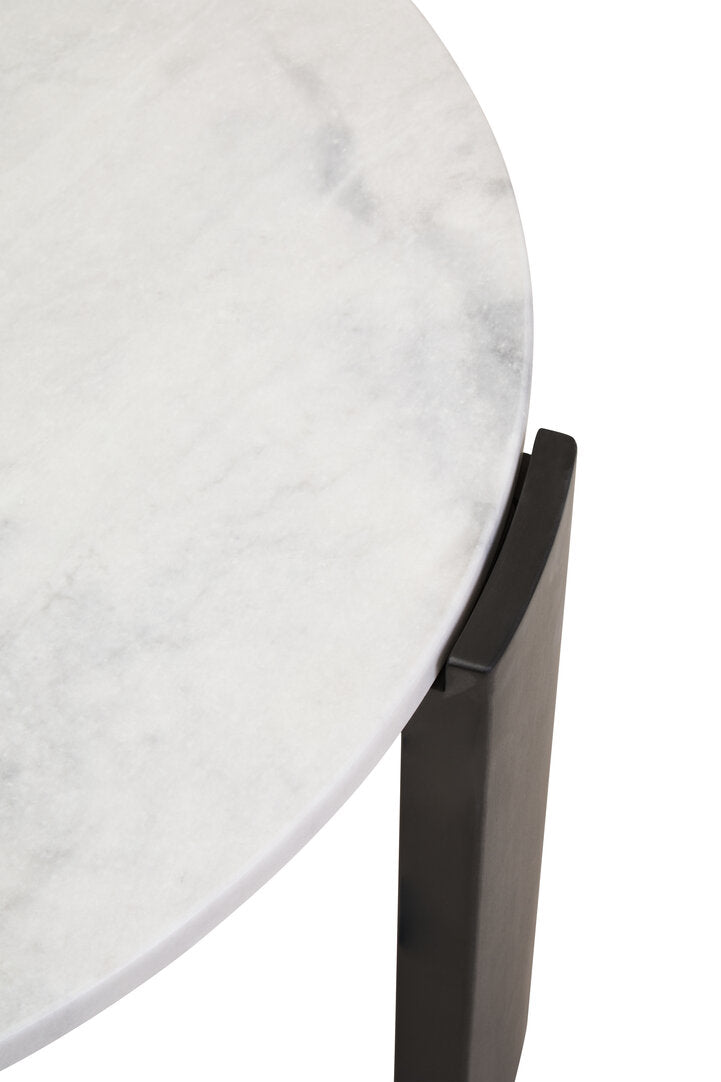 Large White Marble Round Coffee Table for Workspace – Stone Table with Black Wood Legs