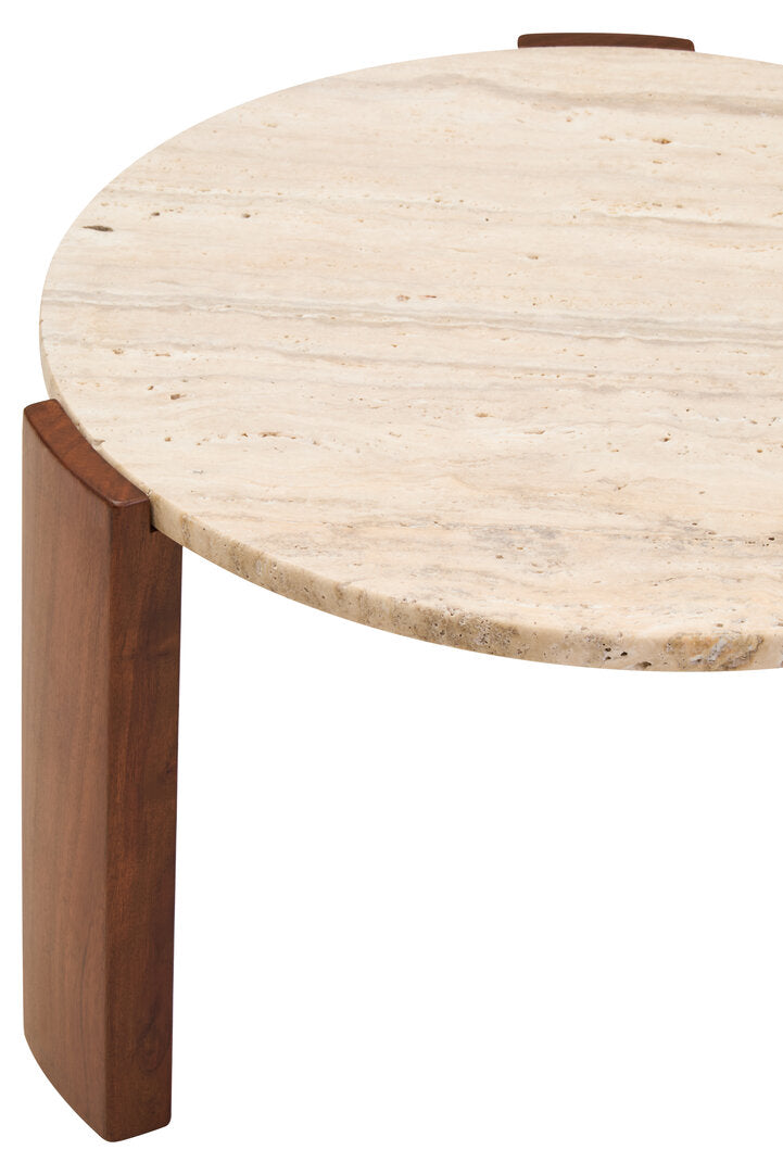 Travertine Round Coffee Table for Workspace – Small Stone Table with Natural Wood Legs