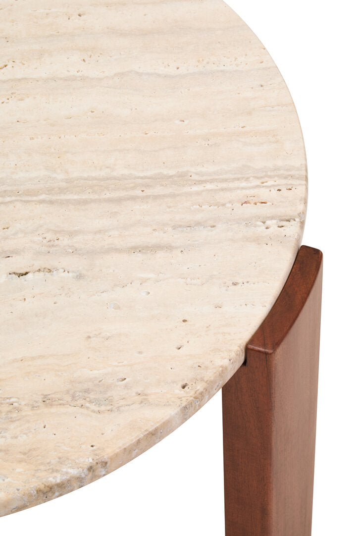 Travertine Round Coffee Table for Workspace – Small Stone Table with Natural Wood Legs