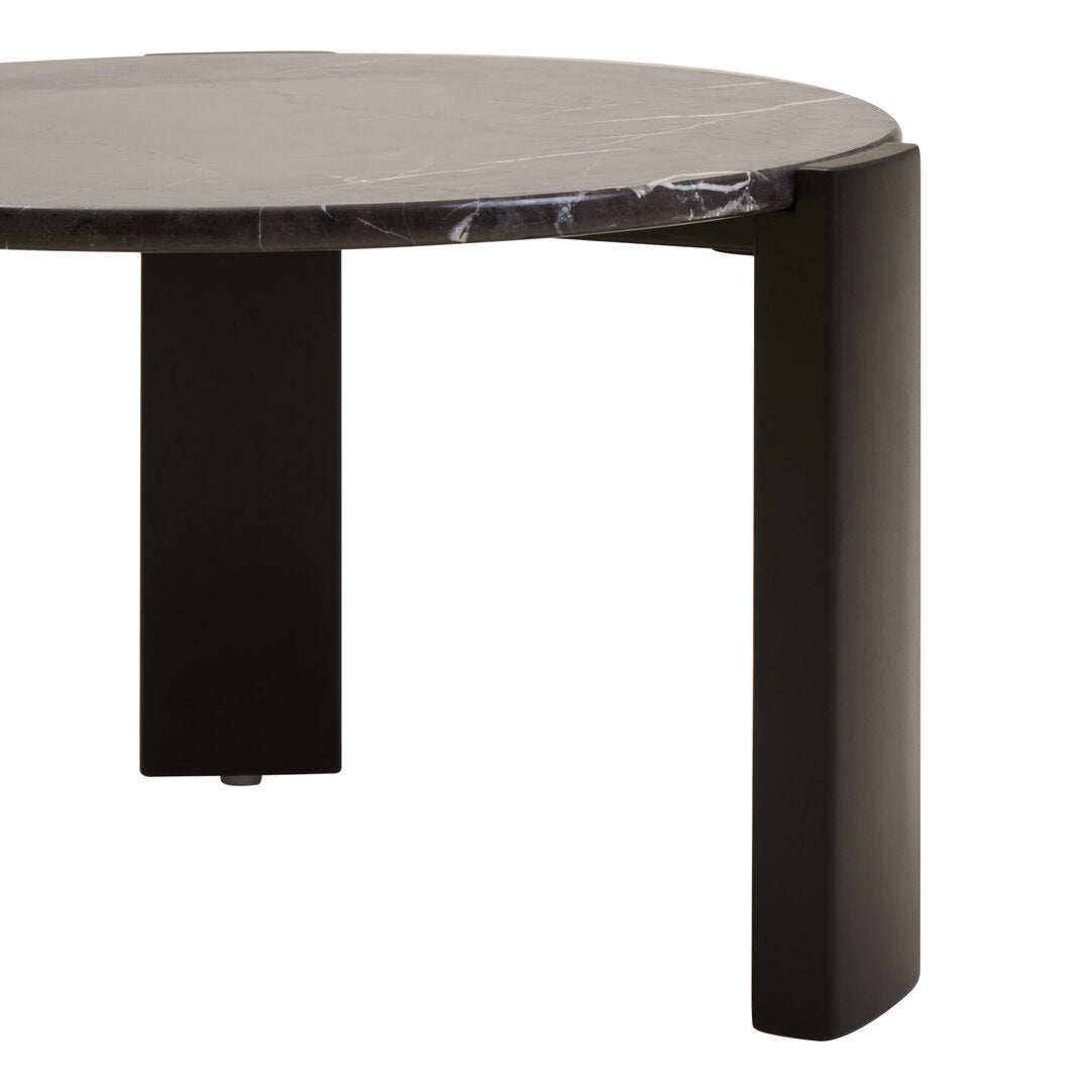 Black Marble Round Coffee Table for Workspace – Small Stone Table with Wood Legs