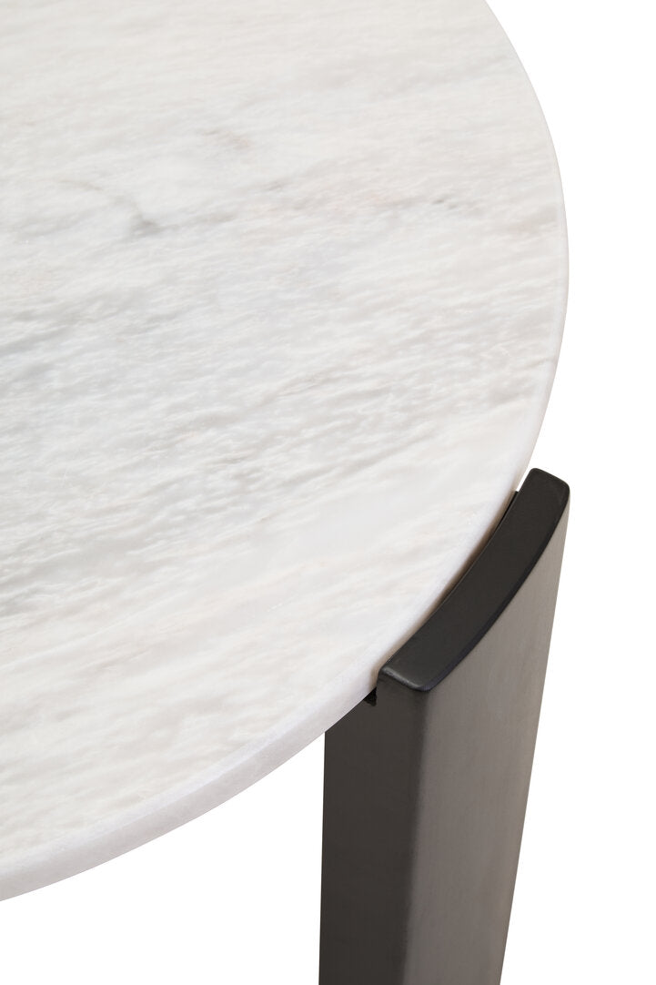 White Marble Round Coffee Table for Workspace – Small Stone Table with Black Wood Leg