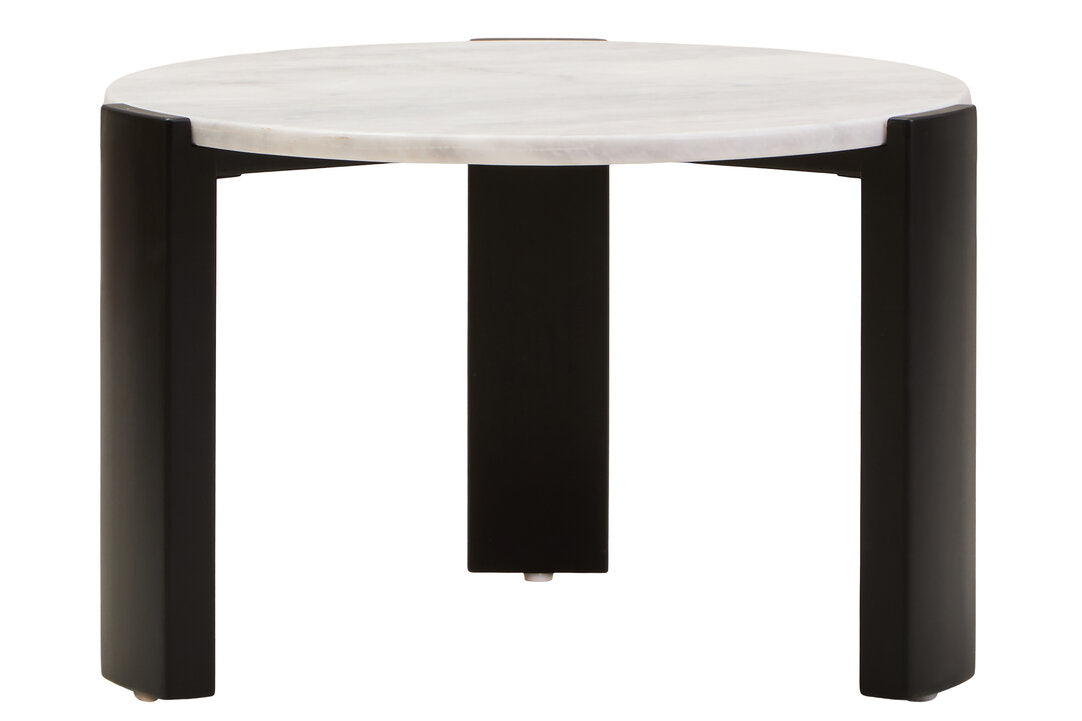 White Marble Round Coffee Table for Workspace – Small Stone Table with Black Wood Leg