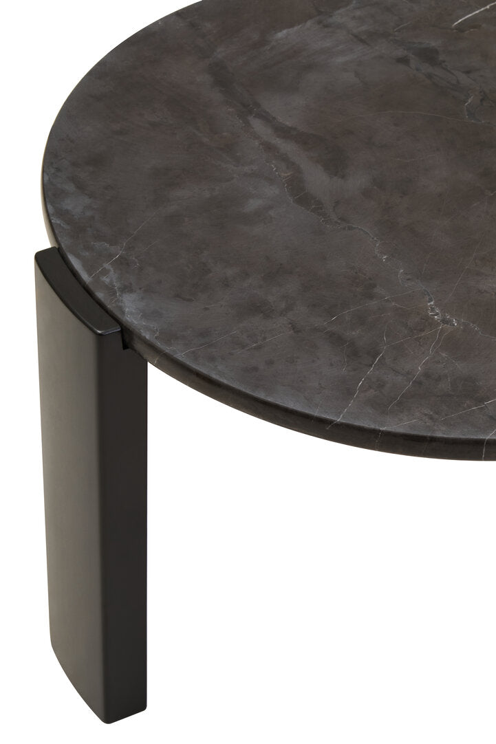 Black Marble Round Coffee Table for Workspace – Small Stone Table with Wood Legs