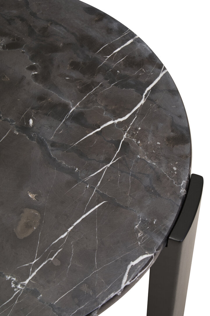 Black Marble Round Coffee Table for Workspace – Small Stone Table with Wood Legs