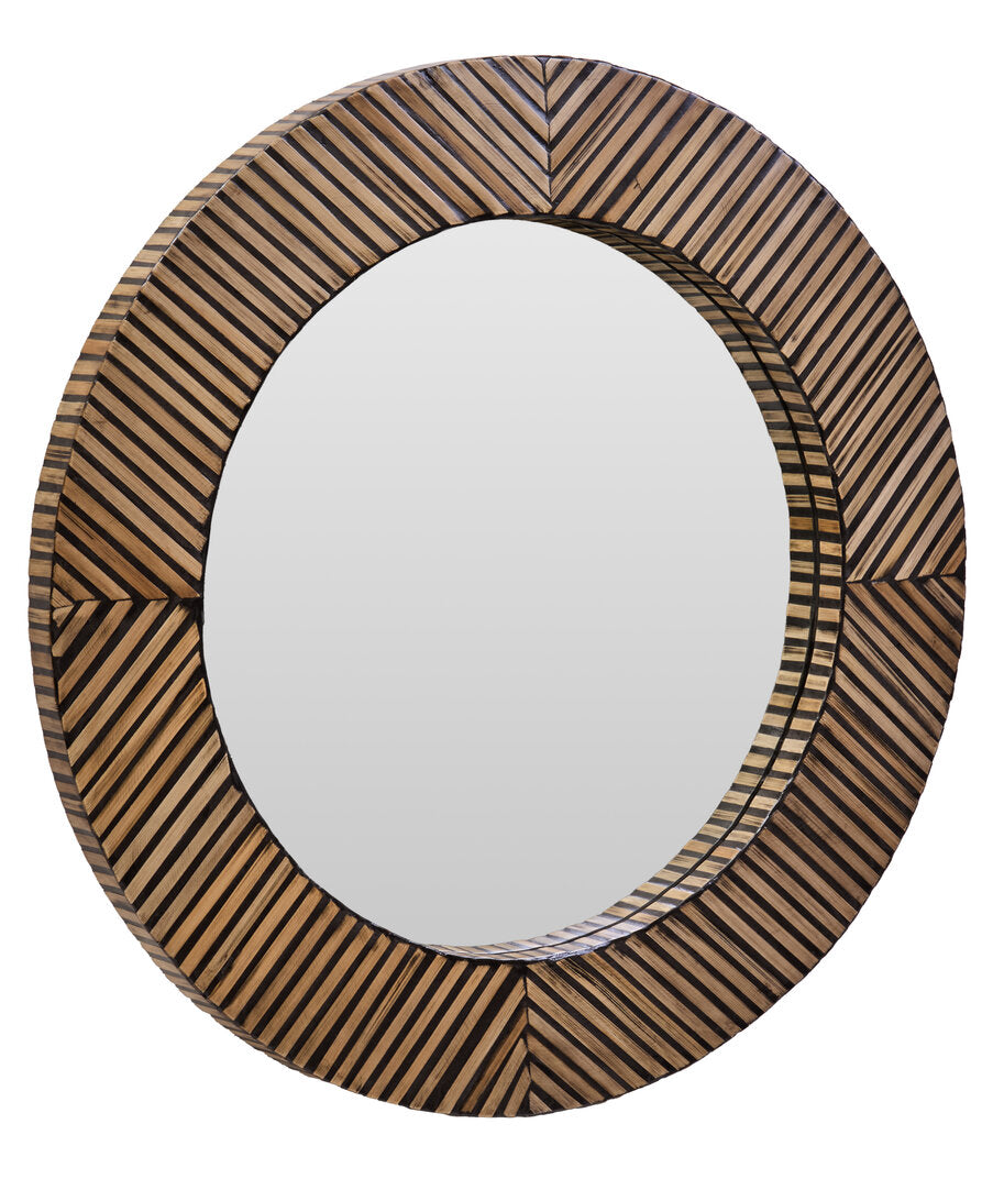 Bamboo Inlay Round Wall Mirror – Textural Workspace Feature with Geometric Detail