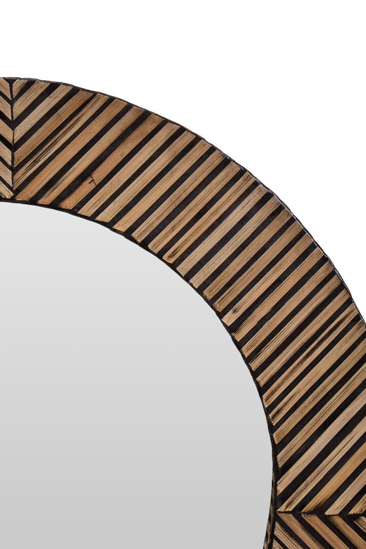 Bamboo Inlay Round Wall Mirror – Textural Workspace Feature with Geometric Detail