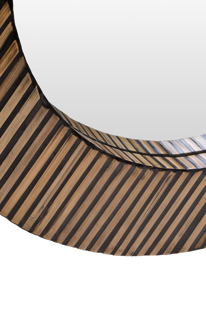 Bamboo Inlay Round Wall Mirror – Textural Workspace Feature with Geometric Detail
