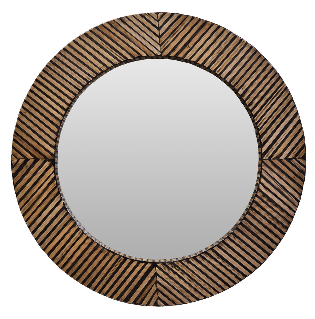 Bamboo Inlay Round Wall Mirror – Textural Workspace Feature with Geometric Detail