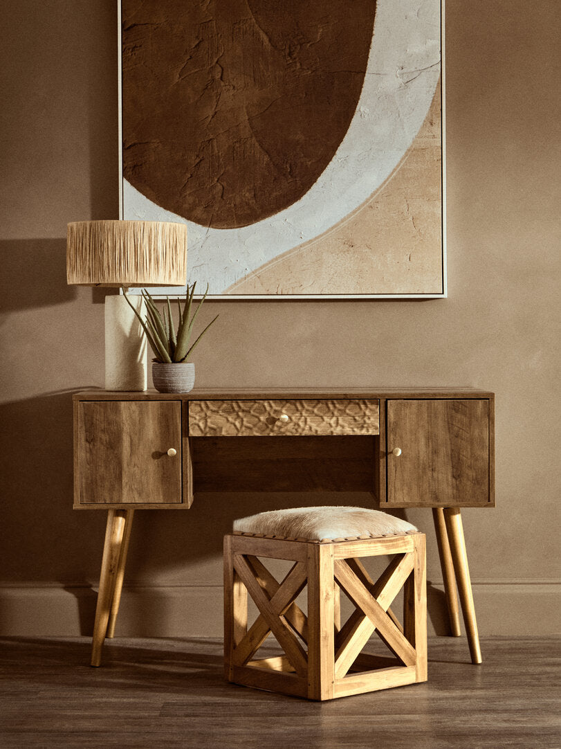 Frida Wood Veneer Desk with Drawer & Concealed Storage – Warm Minimal Workspace Desk with Gold Accents