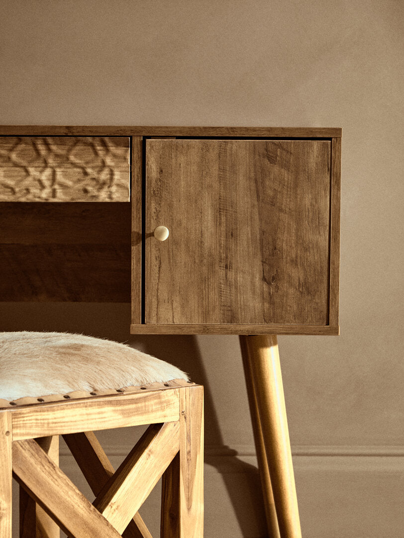 Frida Wood Veneer Desk with Drawer & Concealed Storage – Warm Minimal Workspace Desk with Gold Accents