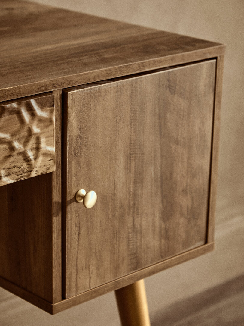 Frida Wood Veneer Desk with Drawer & Concealed Storage – Warm Minimal Workspace Desk with Gold Accents