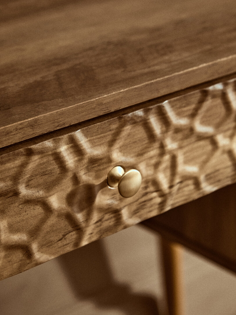 Frida Wood Veneer Desk with Drawer & Concealed Storage – Warm Minimal Workspace Desk with Gold Accents