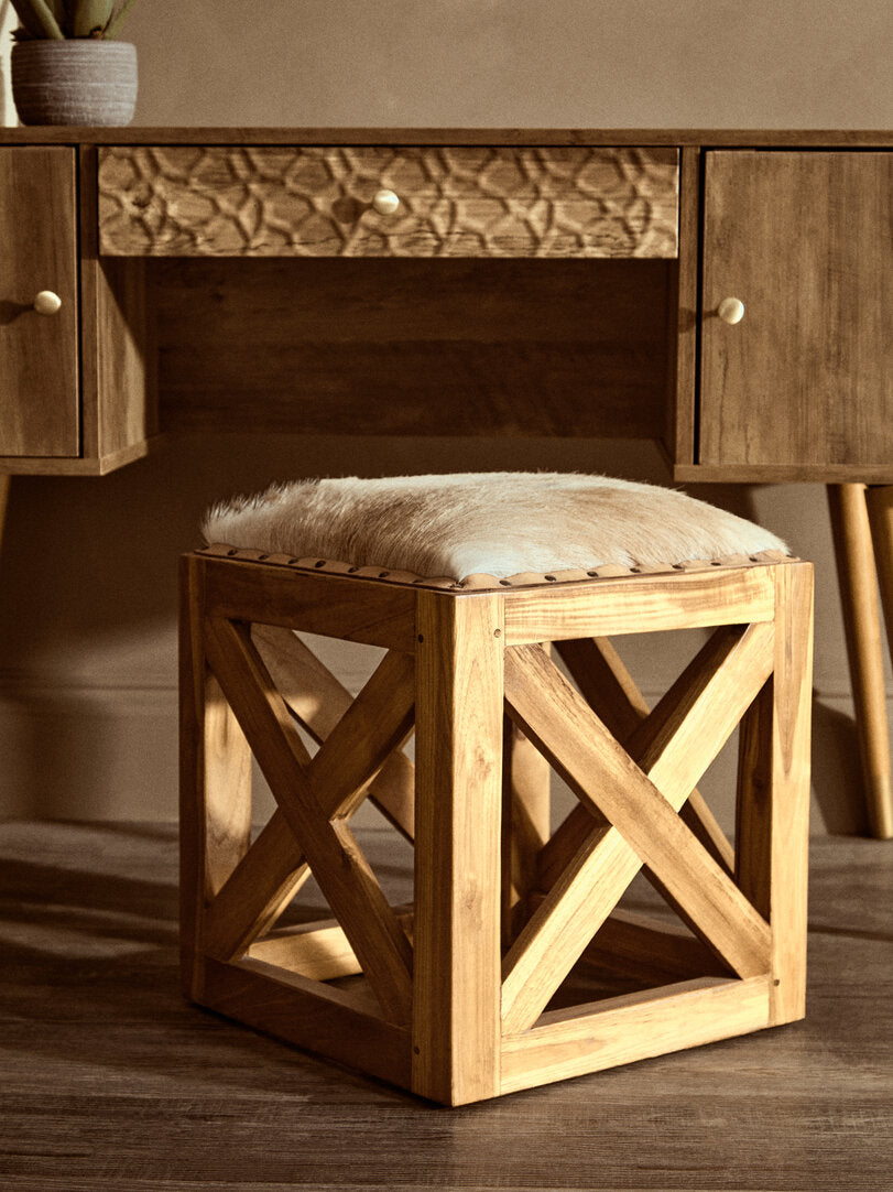 Frida Wood Veneer Desk with Drawer & Concealed Storage – Warm Minimal Workspace Desk with Gold Accents
