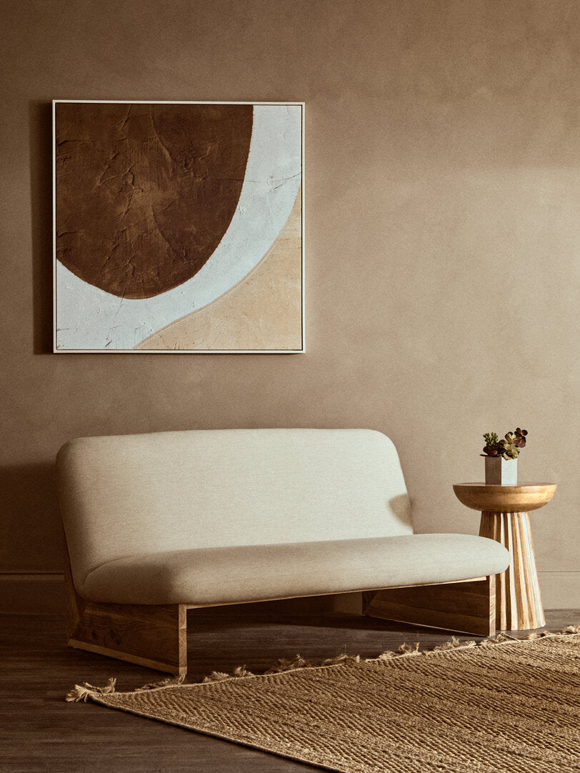 Parova Cream Linen Textured 2 Seater Armless Sofa With Wood Base