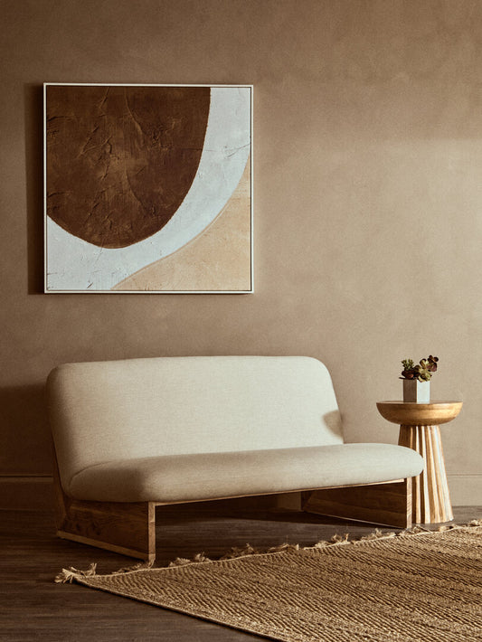 Parova Cream Linen Textured 2 Seater Armless Sofa With Wood Base