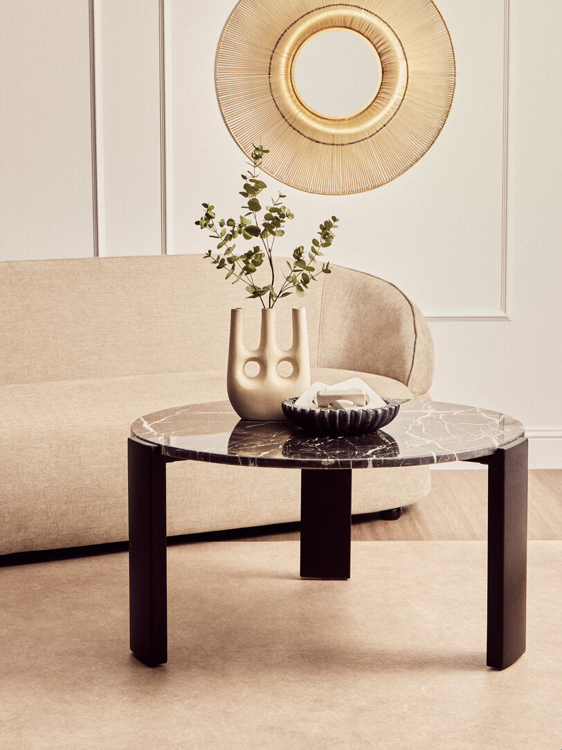 Large Black Marble Round Coffee Table for Workspace – Statement Stone Table with Wood Legs