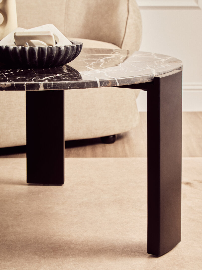 Large Black Marble Round Coffee Table for Workspace – Statement Stone Table with Wood Legs
