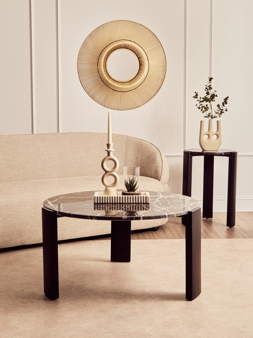 Large Black Marble Round Coffee Table for Workspace – Statement Stone Table with Wood Legs