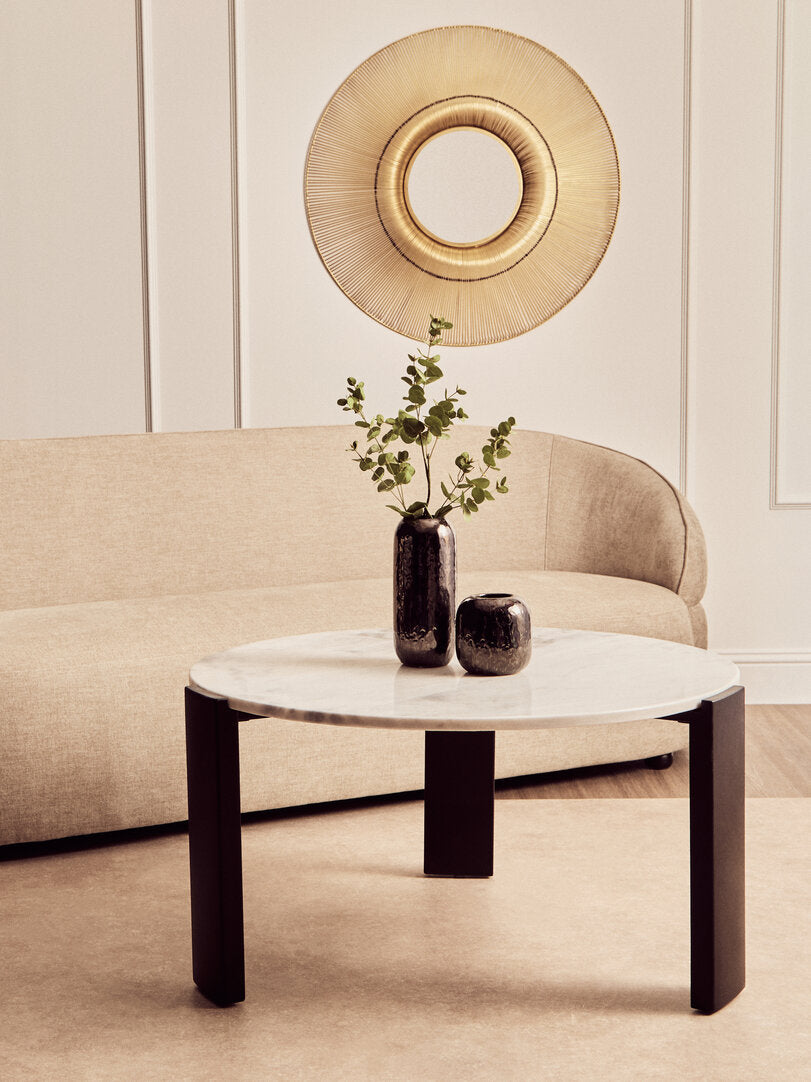 Large White Marble Round Coffee Table for Workspace – Stone Table with Black Wood Legs