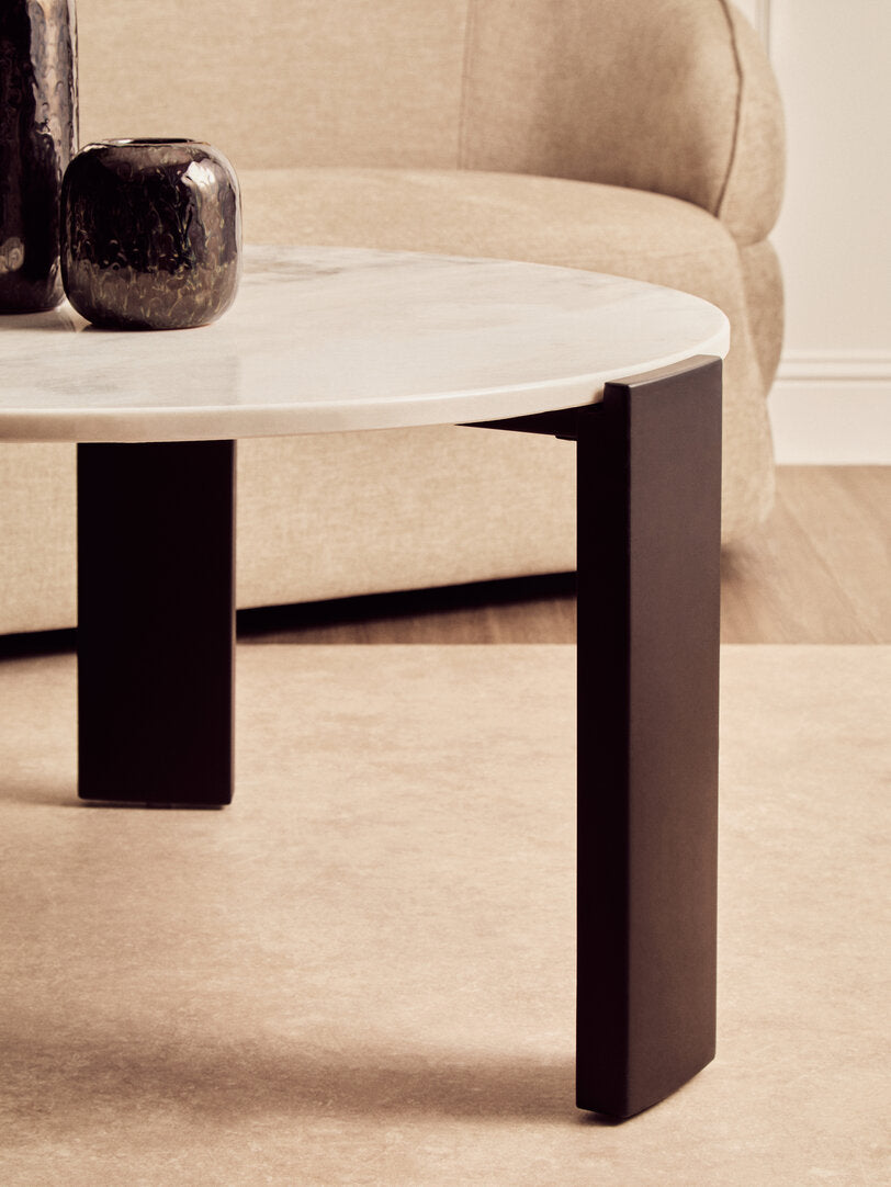 Large White Marble Round Coffee Table for Workspace – Stone Table with Black Wood Legs