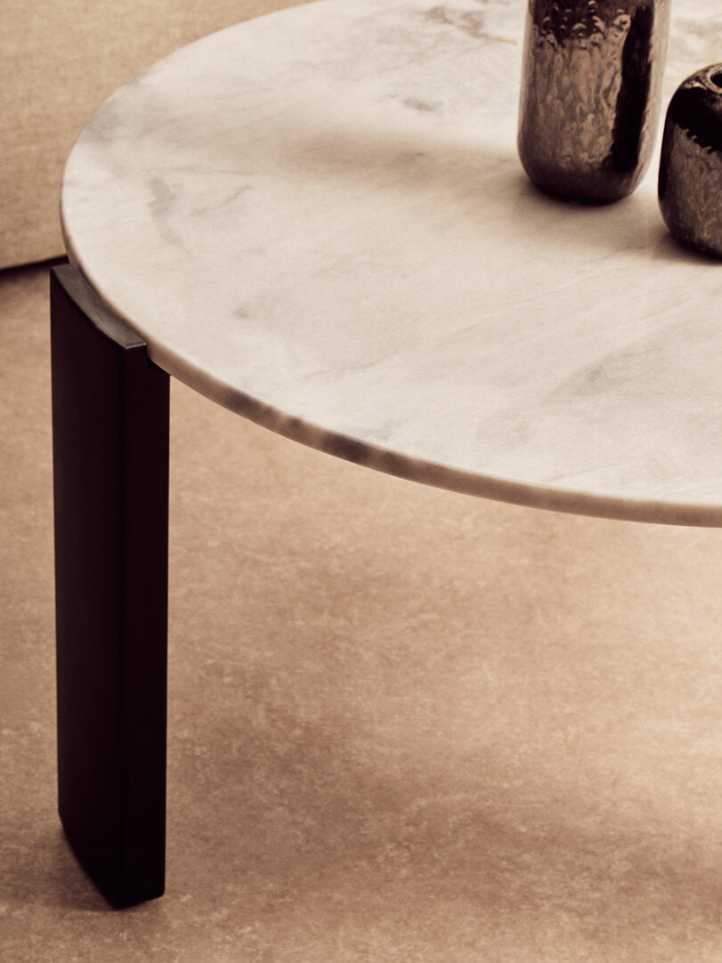 Large White Marble Round Coffee Table for Workspace – Stone Table with Black Wood Legs