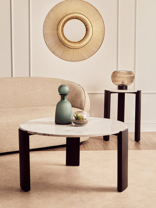 Large White Marble Round Coffee Table for Workspace – Stone Table with Black Wood Legs