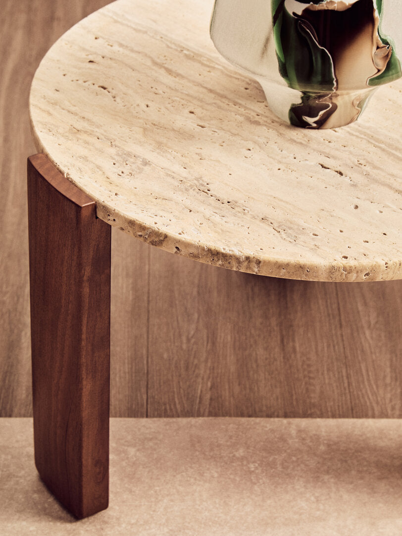 Travertine Round Coffee Table for Workspace – Small Stone Table with Natural Wood Legs