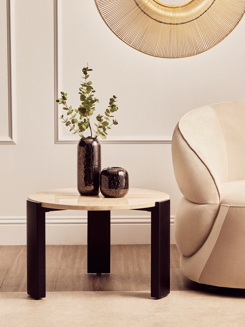 Cream Marble Round Coffee Table for Workspace – Small Stone Table with Black Wood Legs