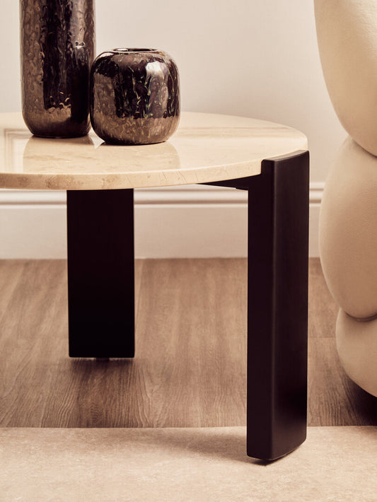 Cream Marble Round Coffee Table for Workspace – Small Stone Table with Black Wood Legs
