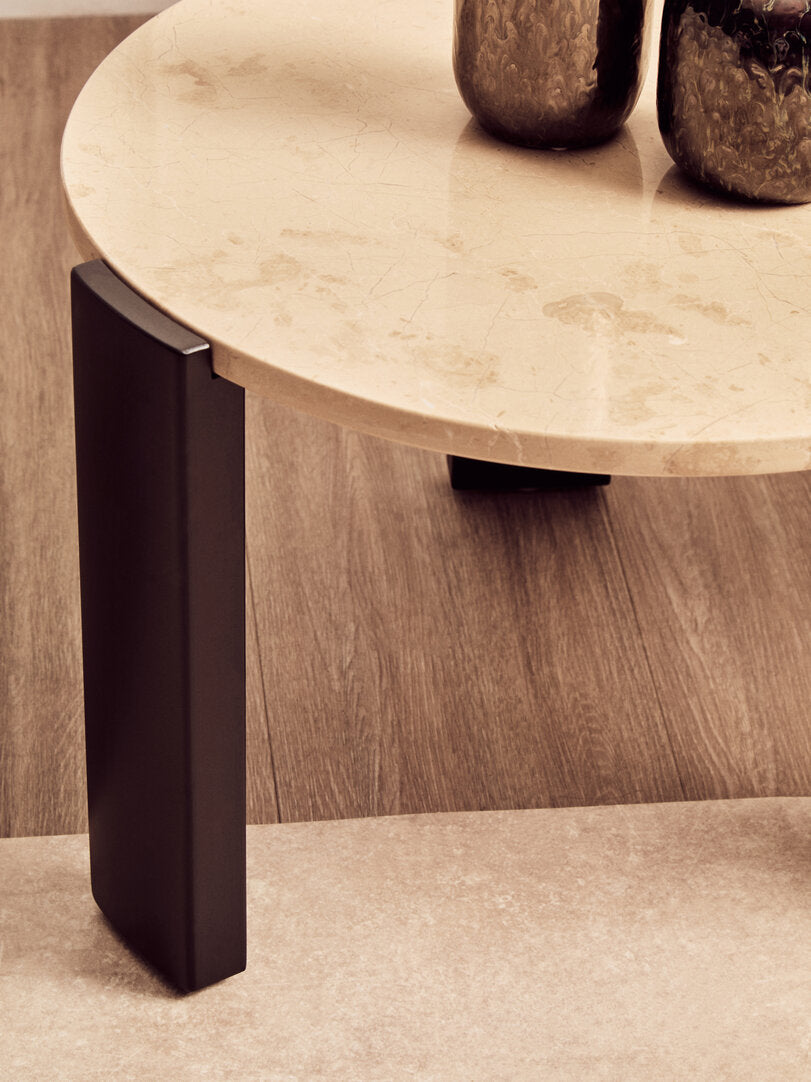 Cream Marble Round Coffee Table for Workspace – Small Stone Table with Black Wood Legs