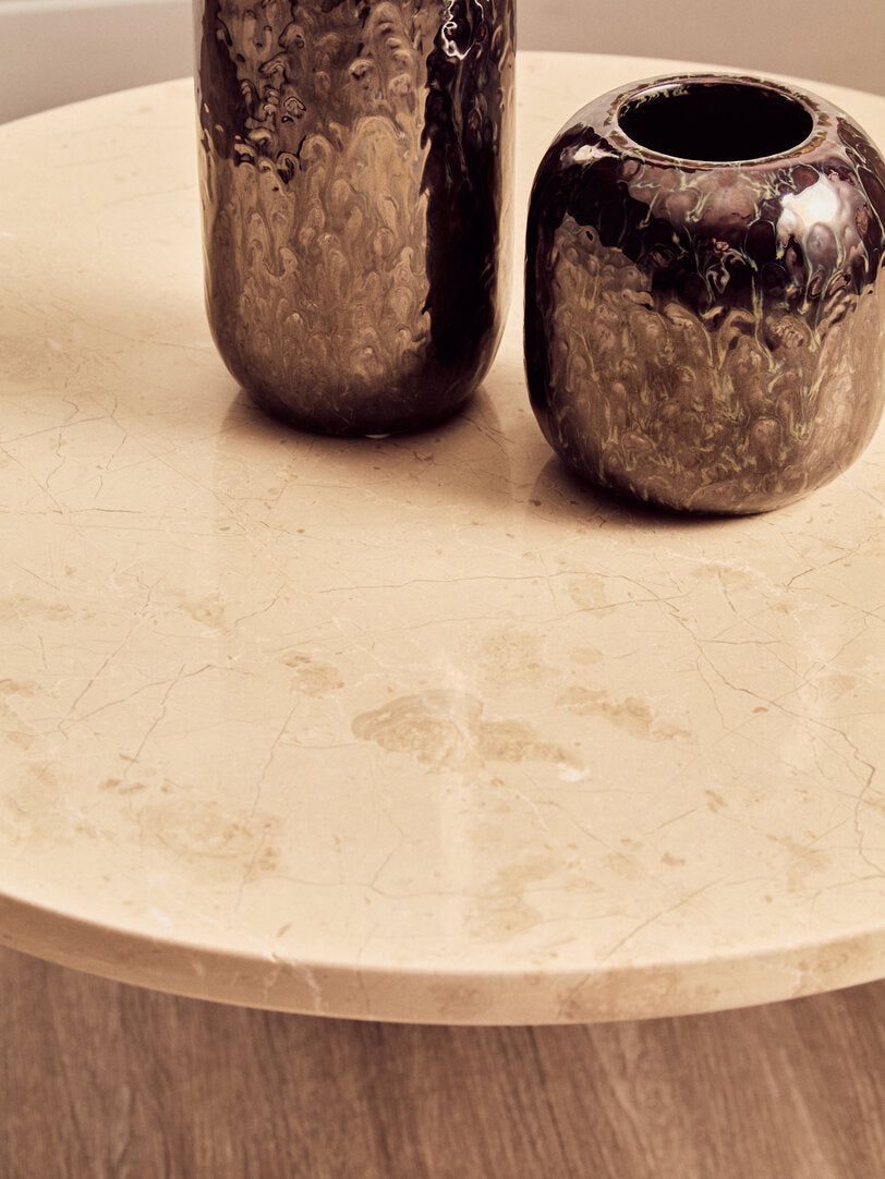 Cream Marble Round Coffee Table for Workspace – Small Stone Table with Black Wood Legs