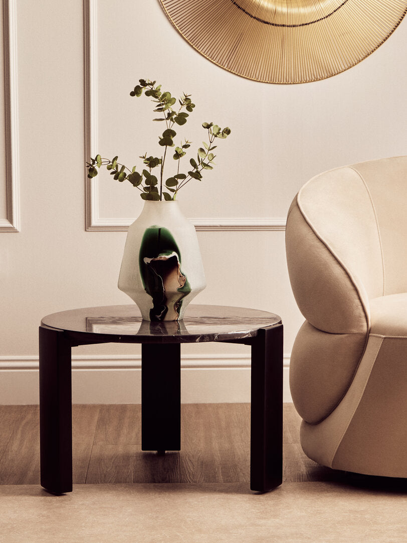 Black Marble Round Coffee Table for Workspace – Small Stone Table with Wood Legs