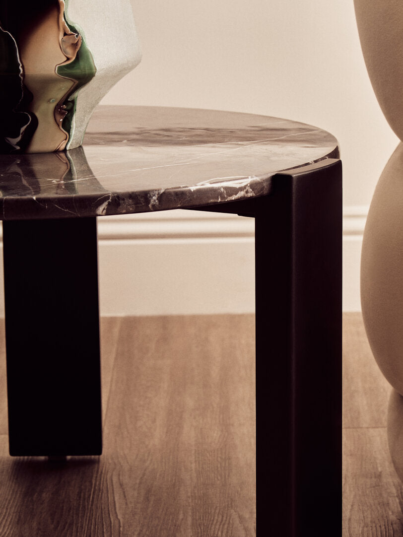 Black Marble Round Coffee Table for Workspace – Small Stone Table with Wood Legs