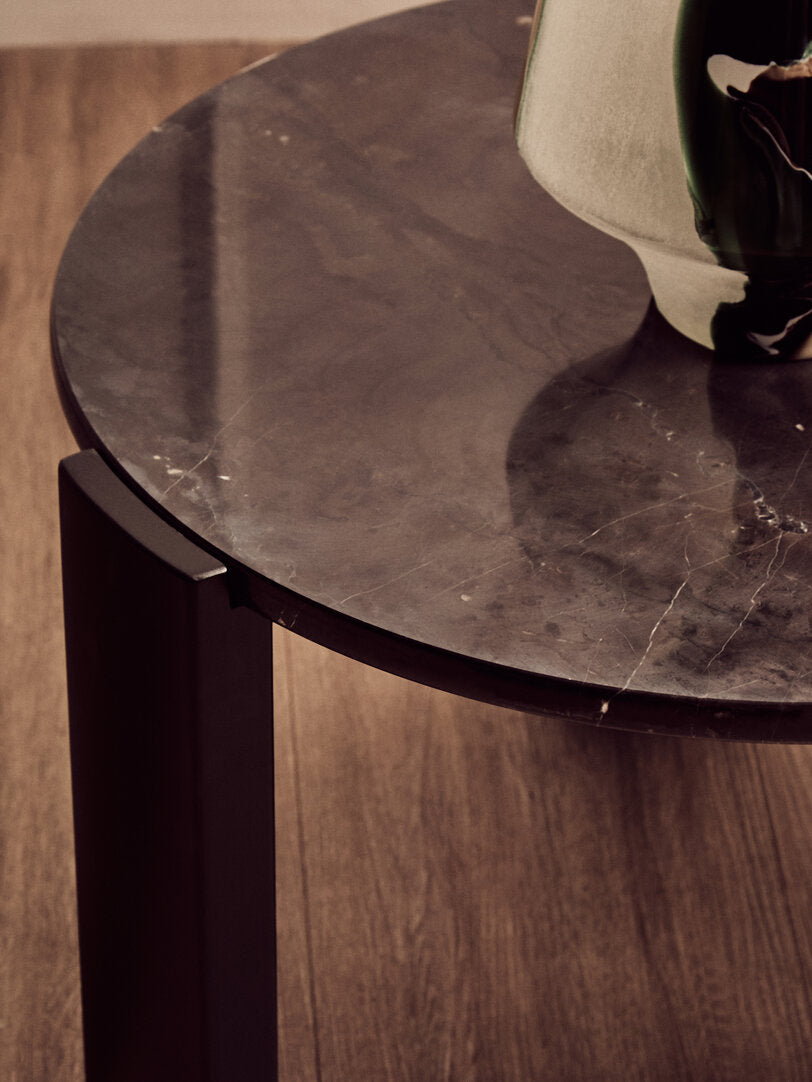 Black Marble Round Coffee Table for Workspace – Small Stone Table with Wood Legs