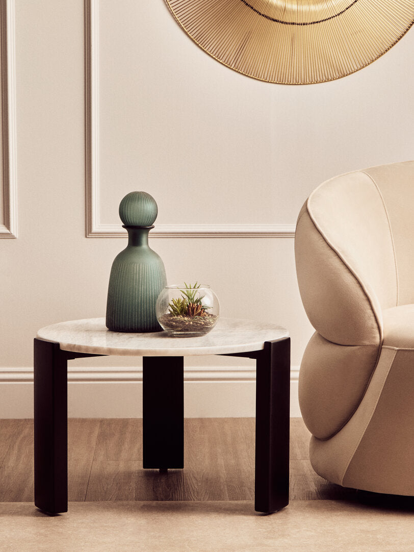 White Marble Round Coffee Table for Workspace – Small Stone Table with Black Wood Leg
