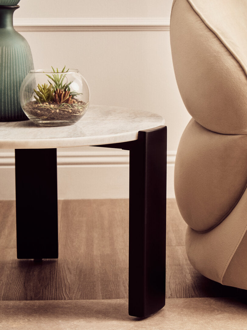 White Marble Round Coffee Table for Workspace – Small Stone Table with Black Wood Leg