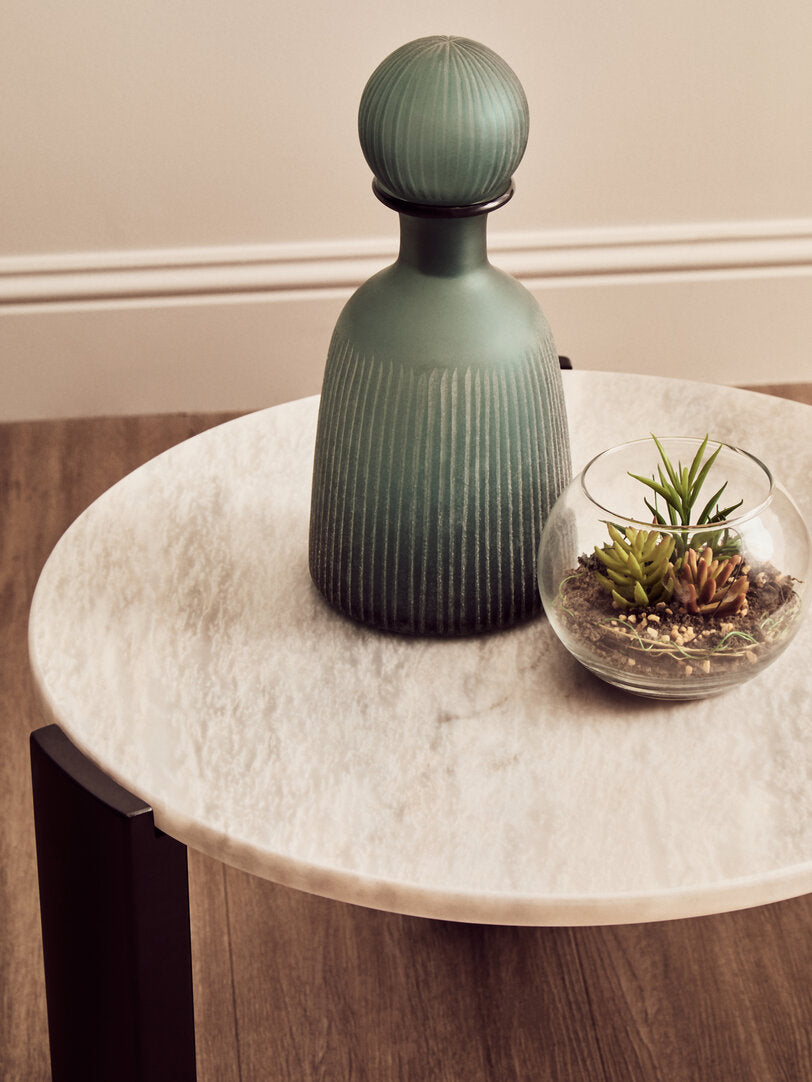 White Marble Round Coffee Table for Workspace – Small Stone Table with Black Wood Leg