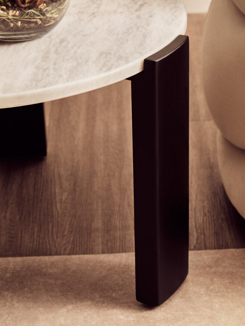 White Marble Round Coffee Table for Workspace – Small Stone Table with Black Wood Leg