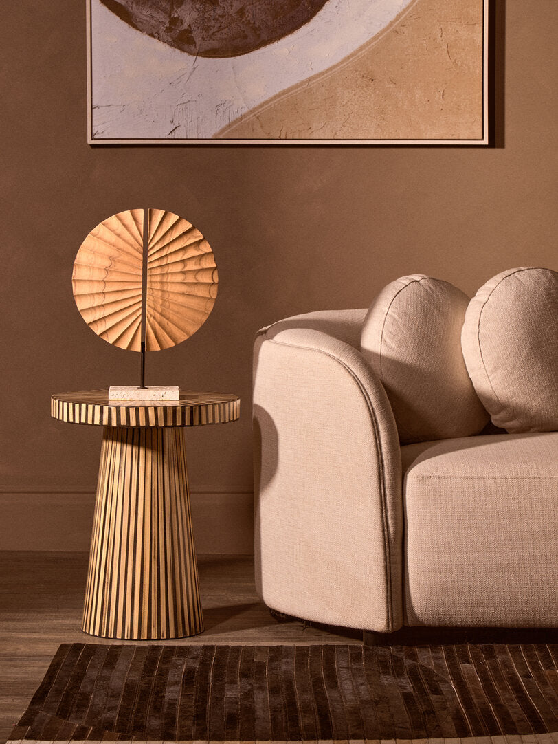 Bambusa Bamboo Inlay Round Side Table for Workspace – Textured Accent Table with Natural Finish