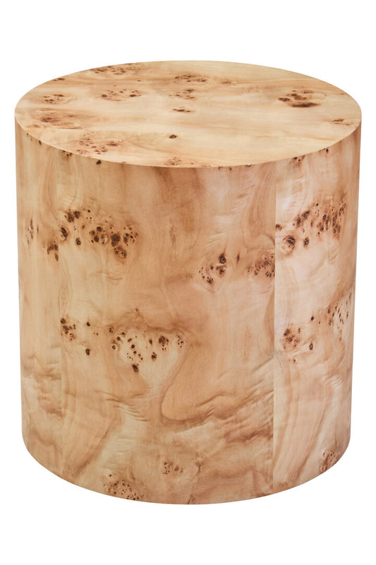 Mota Burl Wood Round Side Table for Workspace – Sculptural Accent Table with Drum Shape