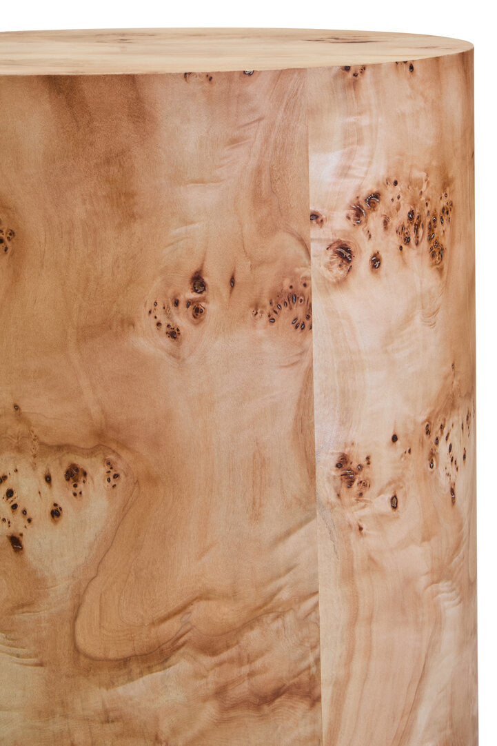 Mota Burl Wood Round Side Table for Workspace – Sculptural Accent Table with Drum Shape
