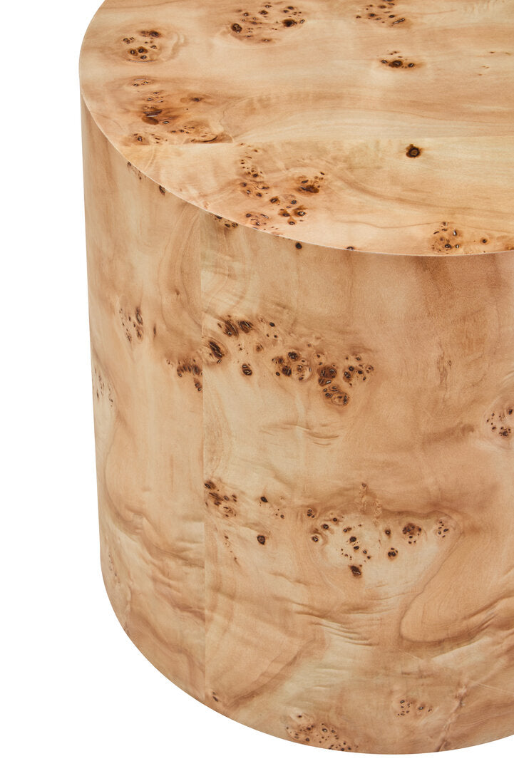 Mota Burl Wood Round Side Table for Workspace – Sculptural Accent Table with Drum Shape