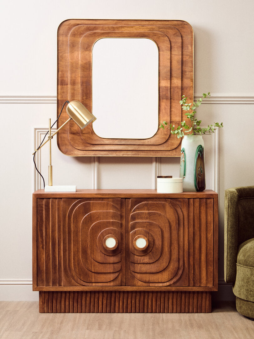Carved Mango Wood Wall Mirror for Workspace – Round Textured Mirror with Natural Frame
