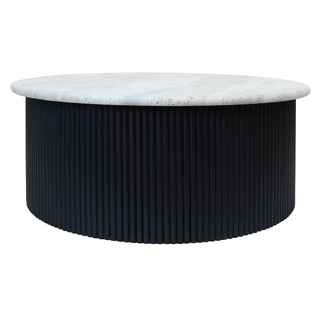 Travertine Top Round Coffee Table for Workspace – Sculptural Stone Table with Black Wood Base