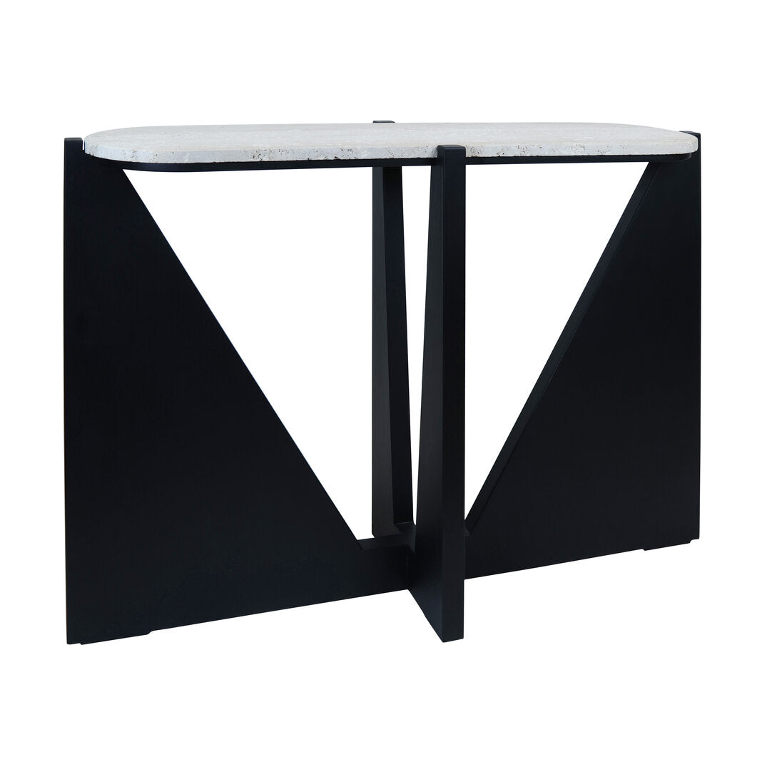 Travertine Top Console Table for Workspace – Modern Console Table with Black Wood Frame