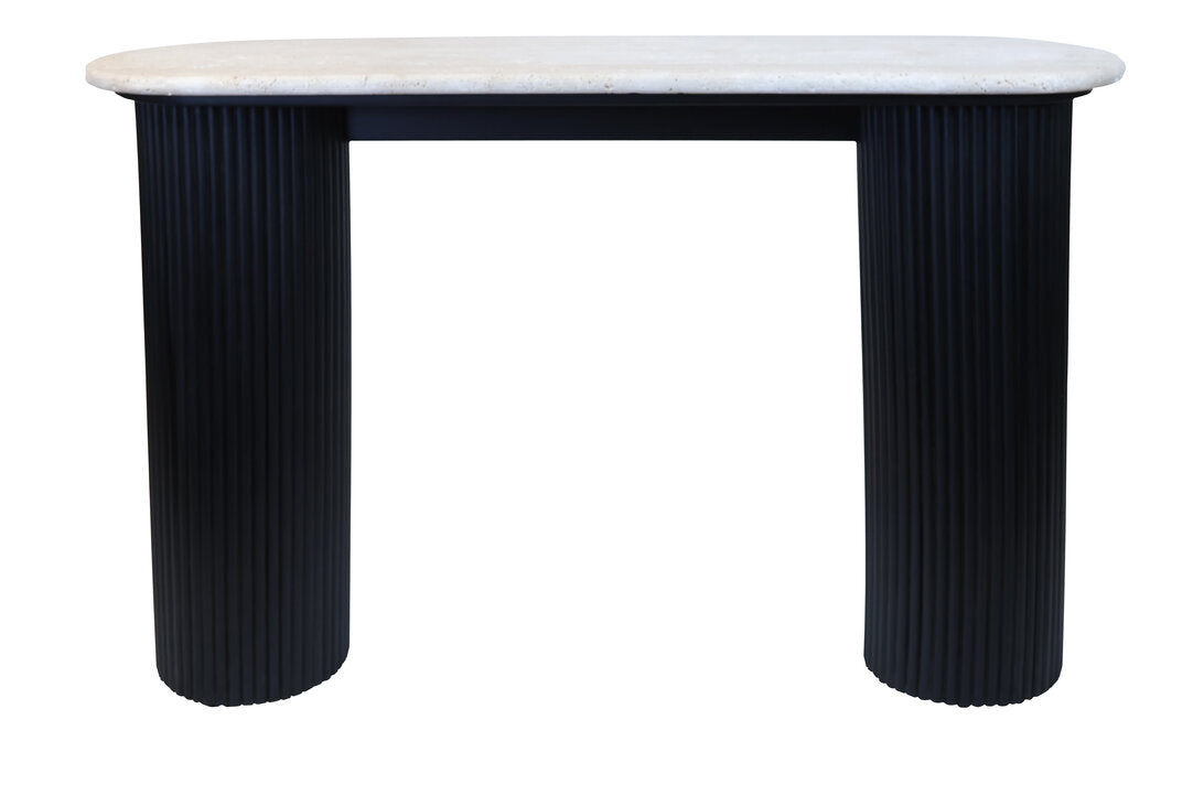 Travertine Top Console Table for Workspace – Modern Stone Console Table with Black Wood Legs
