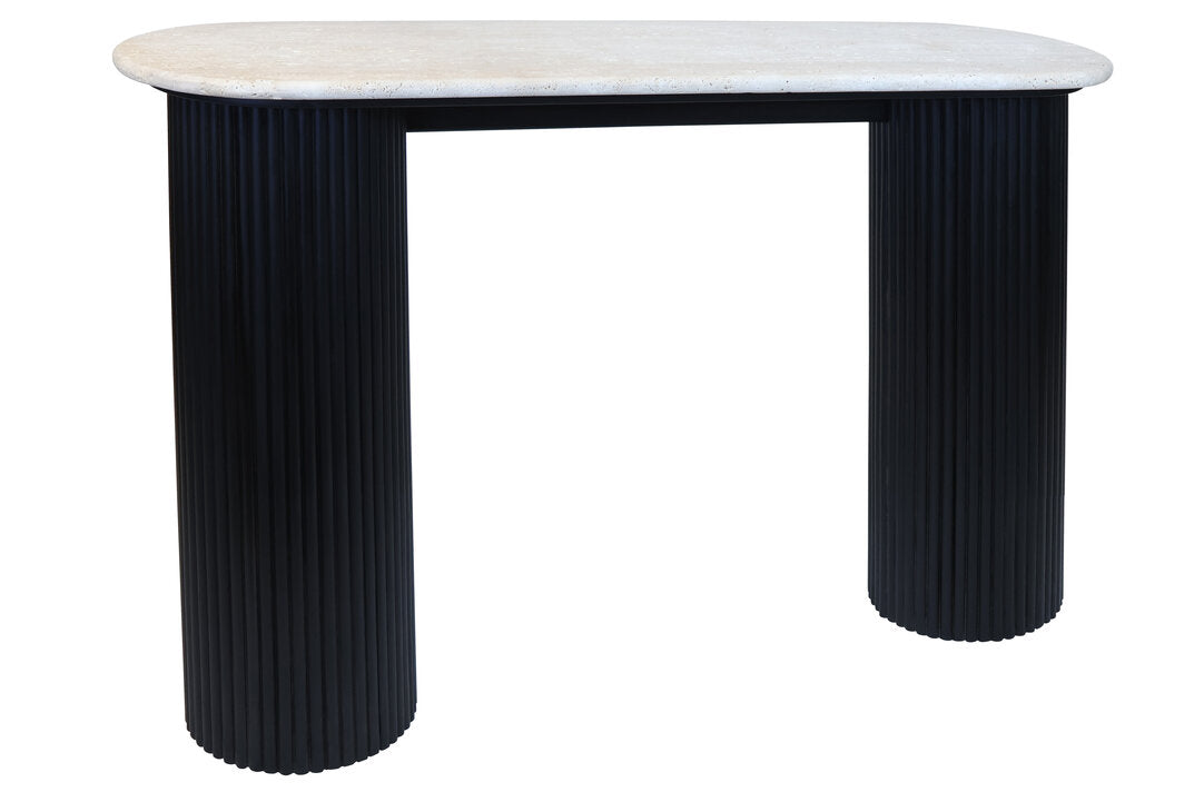 Travertine Top Console Table for Workspace – Modern Stone Console Table with Black Wood Legs