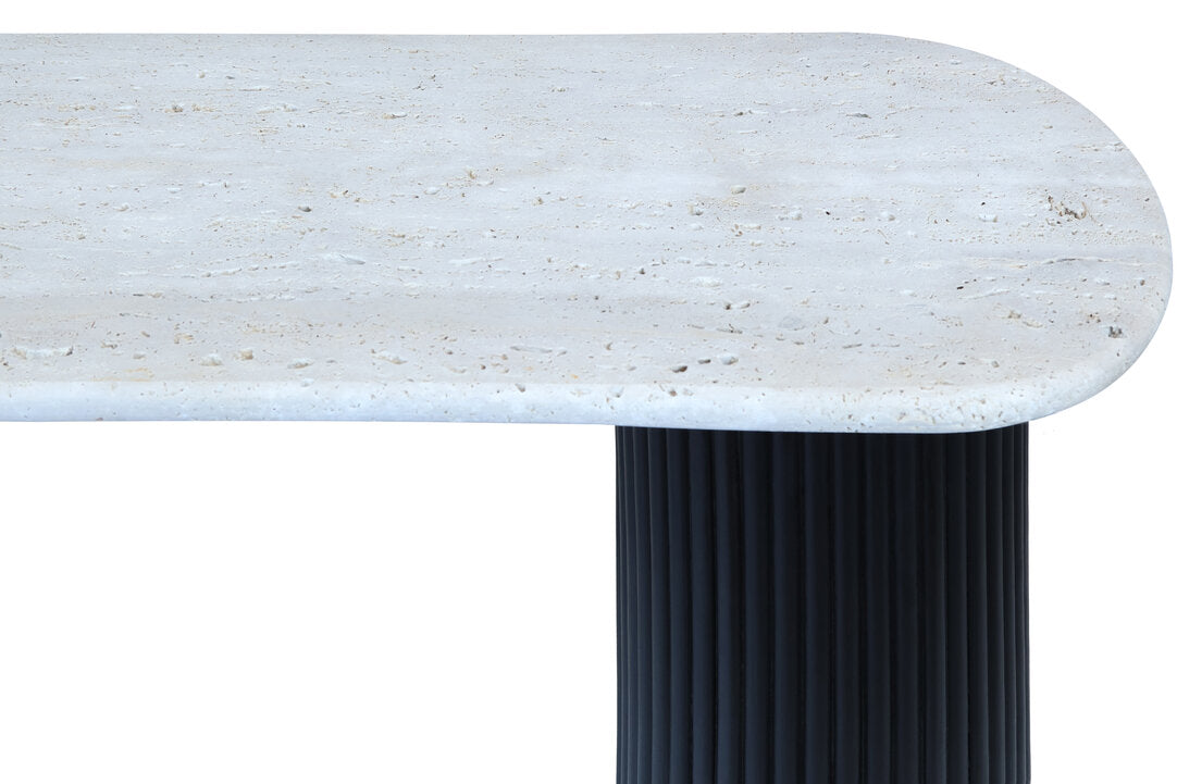 Travertine Top Console Table for Workspace – Modern Stone Console Table with Black Wood Legs
