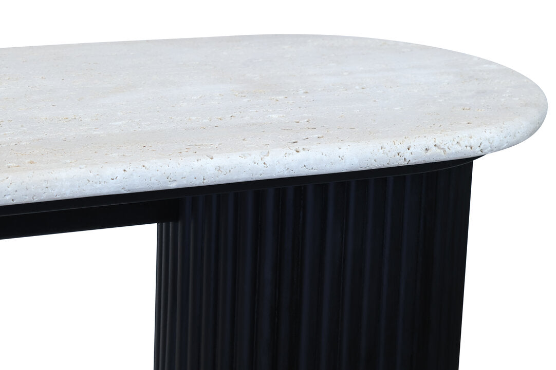 Travertine Top Console Table for Workspace – Modern Stone Console Table with Black Wood Legs