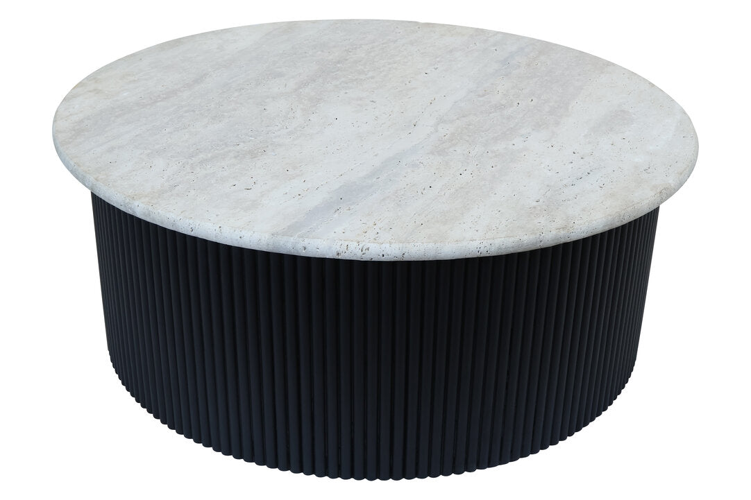 Travertine Top Round Coffee Table for Workspace – Sculptural Stone Table with Black Wood Base
